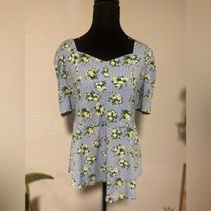 Romantic Cottagecore Floral Print Women's Blouse in Blue, Peplum Style, Feminine